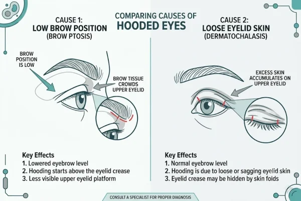 Infographic showing the two causes of hooded eyes, low brow position and loose lid skin