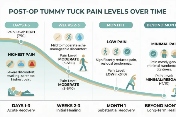 Timeline infographic of how long tummy tuck pain lasts week by week