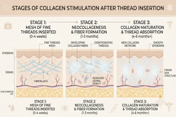 Infographic showing how PDO smooth threads stimulate collagen over three stages