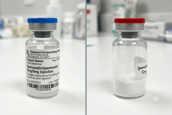 Human-grade peptide vial compared to unregulated research-grade peptide