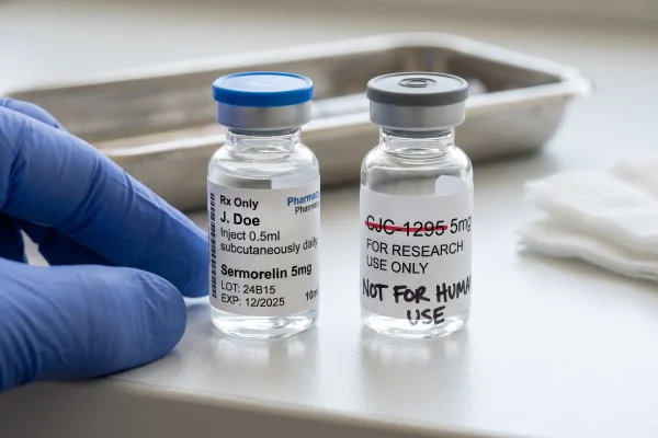 Human-grade prescribed peptide vial next to a research-grade not for human use vial
