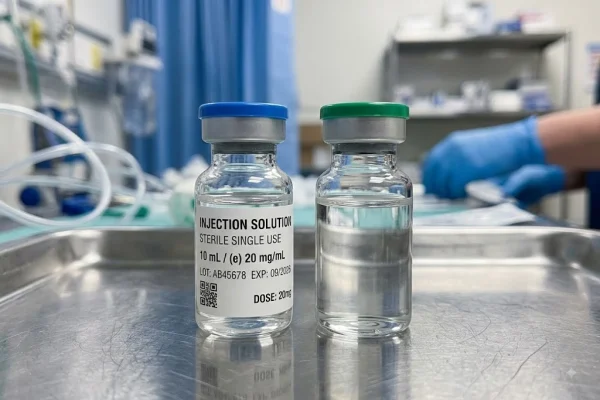 Human-grade pharmacy vial beside an unlabeled research-grade peptide vial