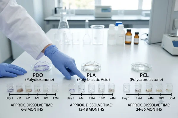 Infographic comparing PDO, PLA, and PCL threads for a thread lift
