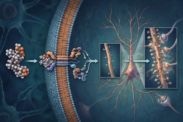 Infographic of how Dihexa peptides act on the HGF and c-Met pathway to build synapses