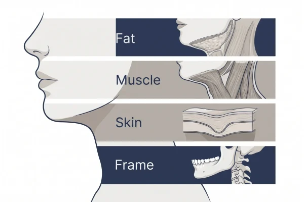 Infographic of the four sources of a soft jawline: fat, muscle, skin, and frame