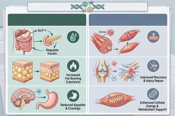 Infographic separating fat loss peptides from recovery and lean mass support peptides