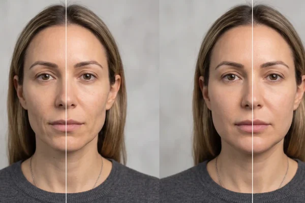 Comparison of a defined jawline filler result versus an overfilled wider face