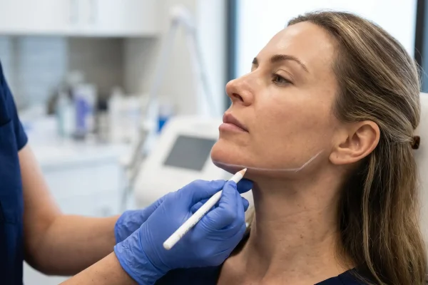 Provider marking the jaw before a jawline filler injection