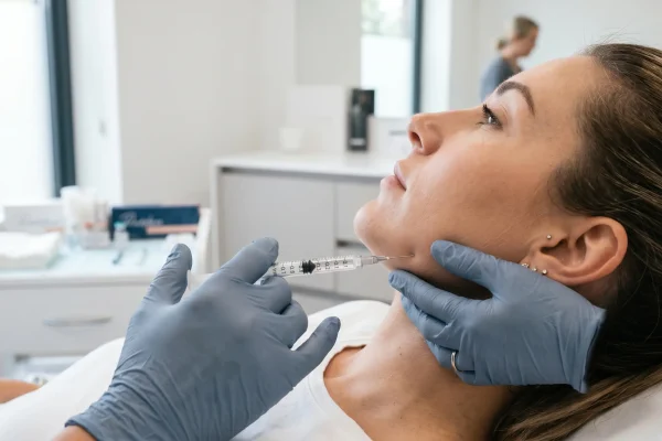 Injector placing jawline filler along a patient's lower jaw in a Tampa clinic