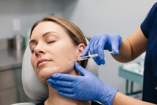 Injector placing jawline filler during a treatment in a Tampa clinic