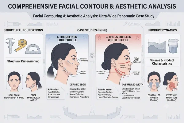 Infographic showing how jawline filler sharpens the jaw instead of widening the face