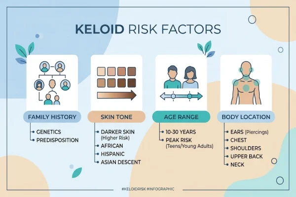 Chart of keloid risk factors including family history and skin type