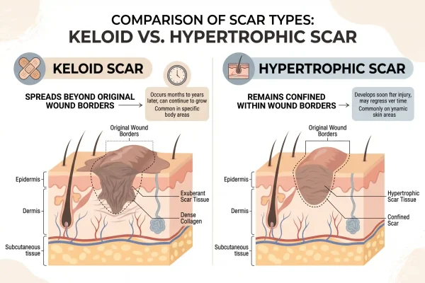 Comparison of a keloid versus a hypertrophic scar on skin