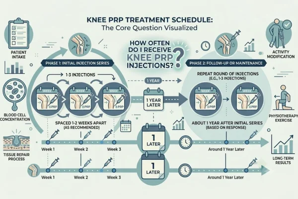 Infographic of a typical knee PRP injection schedule and repeat timing