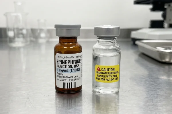 Human-grade compounded KPV peptide vial compared with an unregulated research-grade online vial