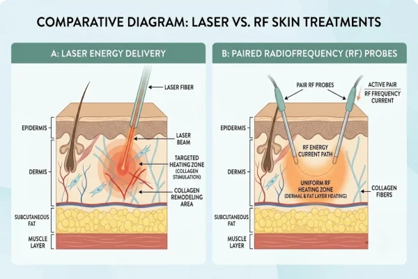 Diagram comparing laser and radiofrequency energy depth for skin tightening