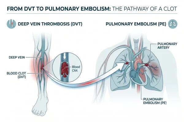 Diagram of how a liposuction blood clot can travel from the leg to the lungs