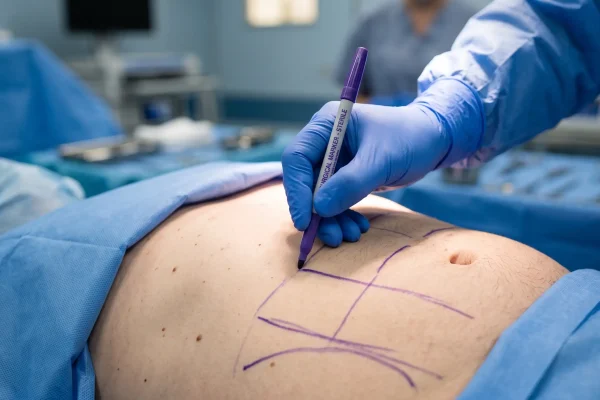 Surgeon marking the abdomen before a liposuction body contouring procedure