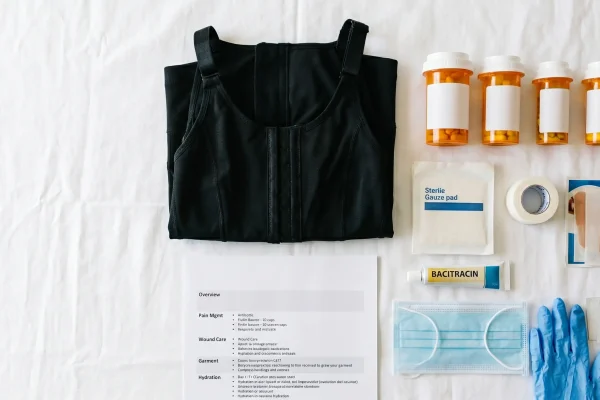 Post-liposuction recovery supplies including compression garment and wound care