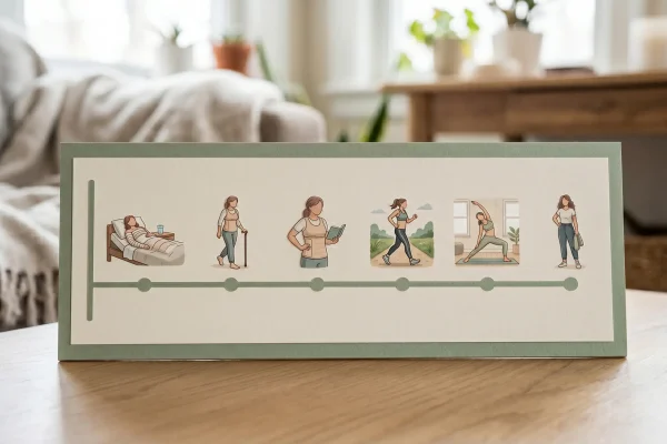 Liposuction recovery timeline showing milestones from day one through six months
