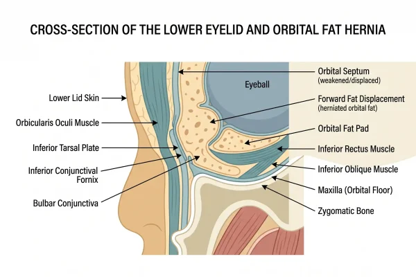 Cross section diagram of orbital fat pushing forward to create an under eye bag