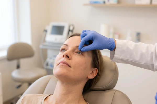 Clinician performing a skin recoil check on the lower eyelid before treatment
