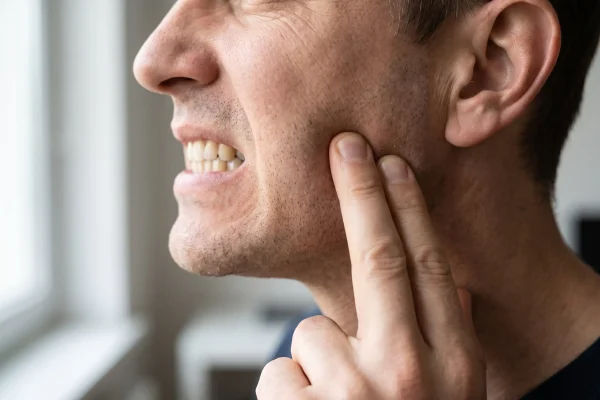 Man clenching to show masseter muscle bulk versus soft tissue jawline width
