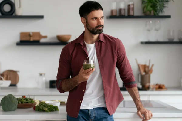 a man drinking green juice