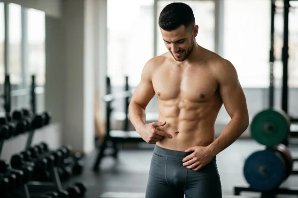 man flexing his toned abdomen