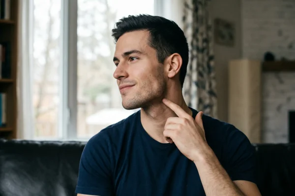 man pointing his jawline