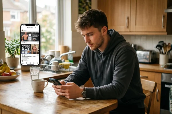 Man scrolling peptide therapy content on his phone, reflecting the 2026 peptide trend