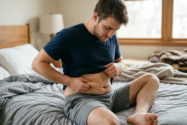 man sitting down pinching his belly fat