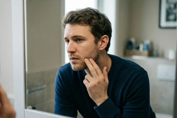 man touching his face