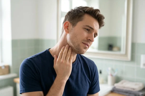 man touching his neck
