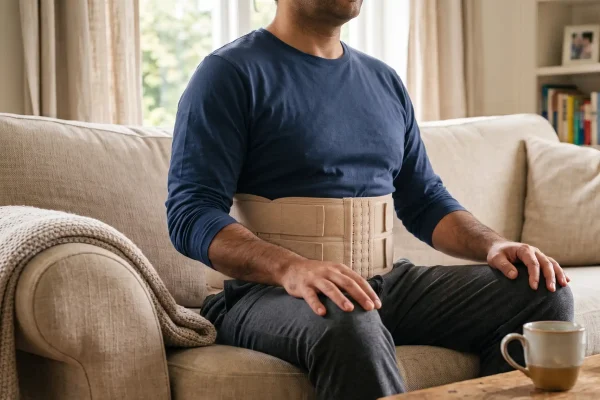 Man wearing a compression garment during HD liposuction recovery