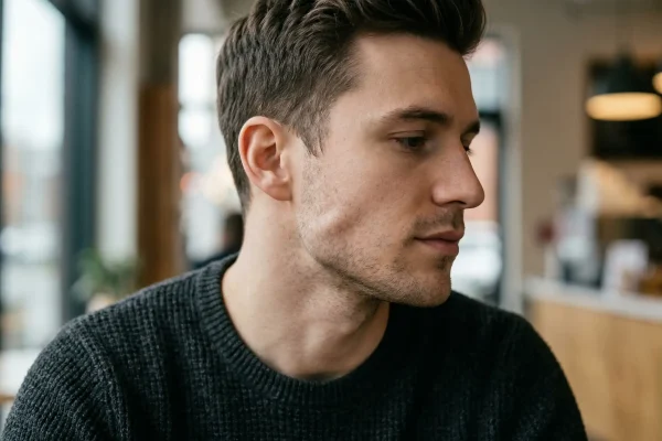 Man with a strong, contoured jawline and clean-shaven skin.