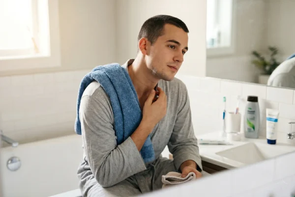 Man with surgical tape on his neck after Neck Liposuction.