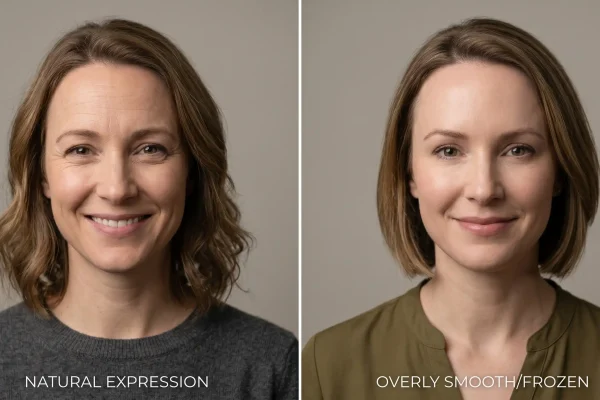 Photorealistic side-by-side portrait comparison of one adult with a natural expressive forehead and one with an overly smooth frozen forehead, matched lighting, neutral background, subtle labels.