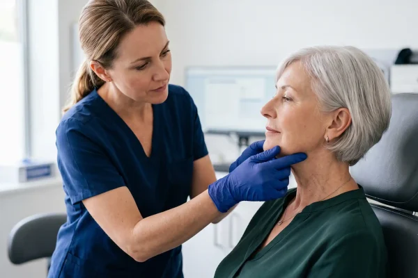 Surgeon checking neck skin elasticity to assess neck lift candidacy
