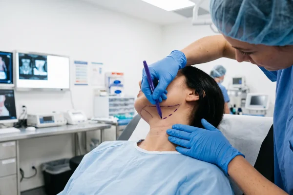 Surgeon marking the neck before a neck lift to remove turkey neck
