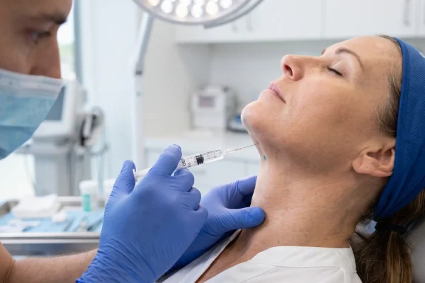 Local anesthesia injection under the chin during awake neck liposuction