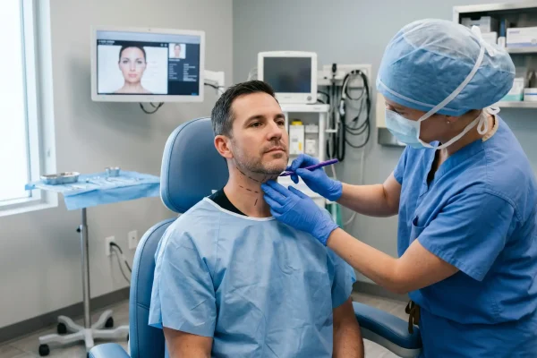 Surgeon marking treatment area before male neck liposuction procedure