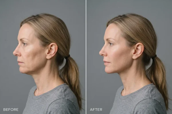 Before and after showing subtle non-surgical facelift volume and firmness