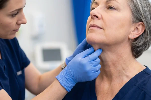 Pinch test assessing neck skin laxity for non-surgical turkey neck treatment