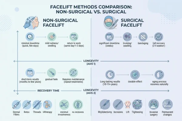 Comparison of non-surgical and surgical facelift longevity and recovery time