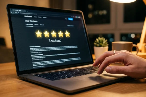 Close-up of online plastic surgeon reviews and star ratings on a laptop screen