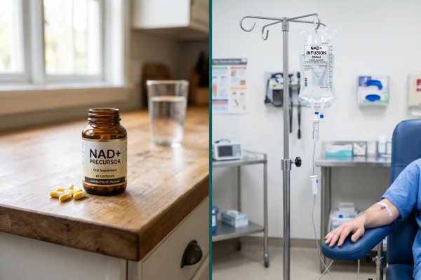 Oral NAD+ precursor supplements compared to IV therapy setup