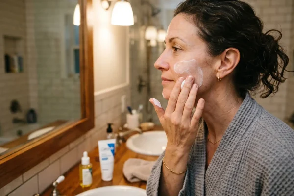 Patient applying moisturizer before retinol as the buffer step in post-Botox skincare