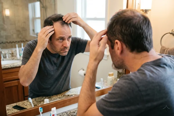 Patient checking a thinning hairline in a mirror after PRP shedding