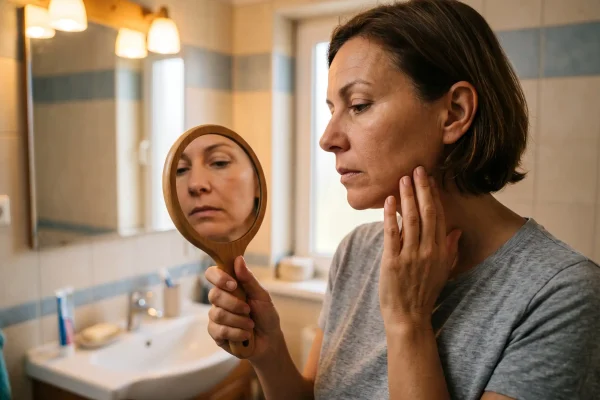 Patient checking for one-sided swelling at home after a PDO thread lift